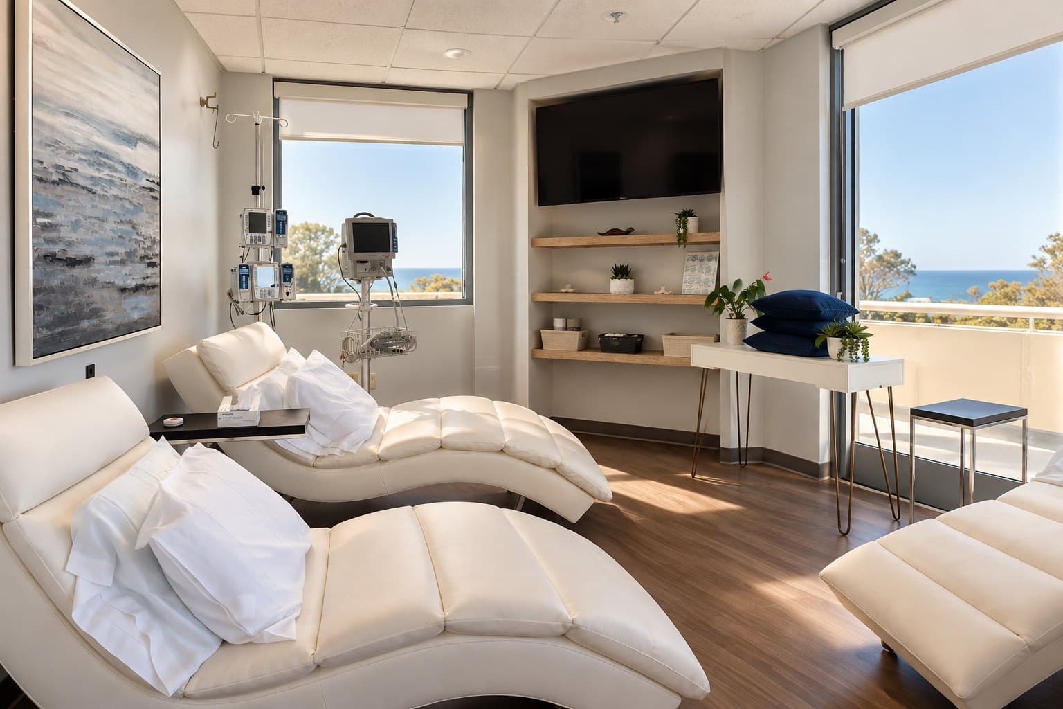 One of the Mind Space treatment rooms: white reclining chairs, a monitoring station, and large windows with a view toward the ocean